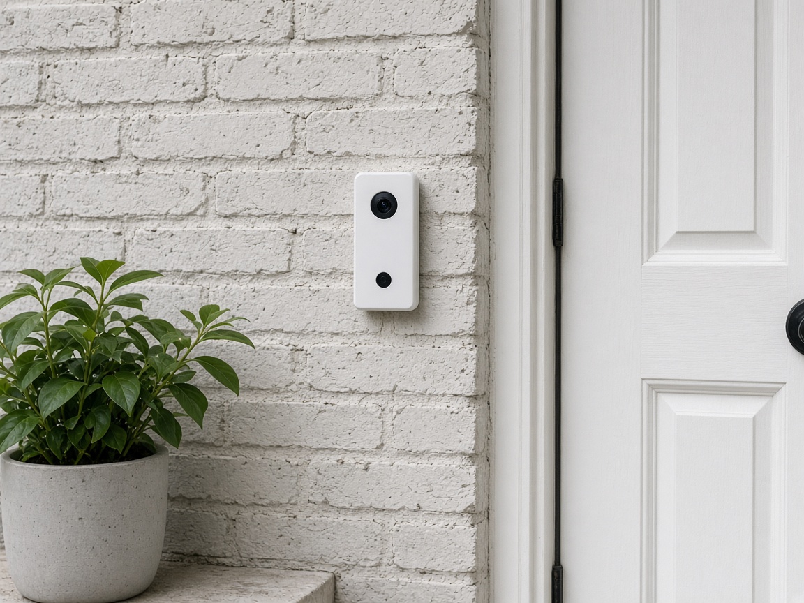 A white video doorbell on a brick wall