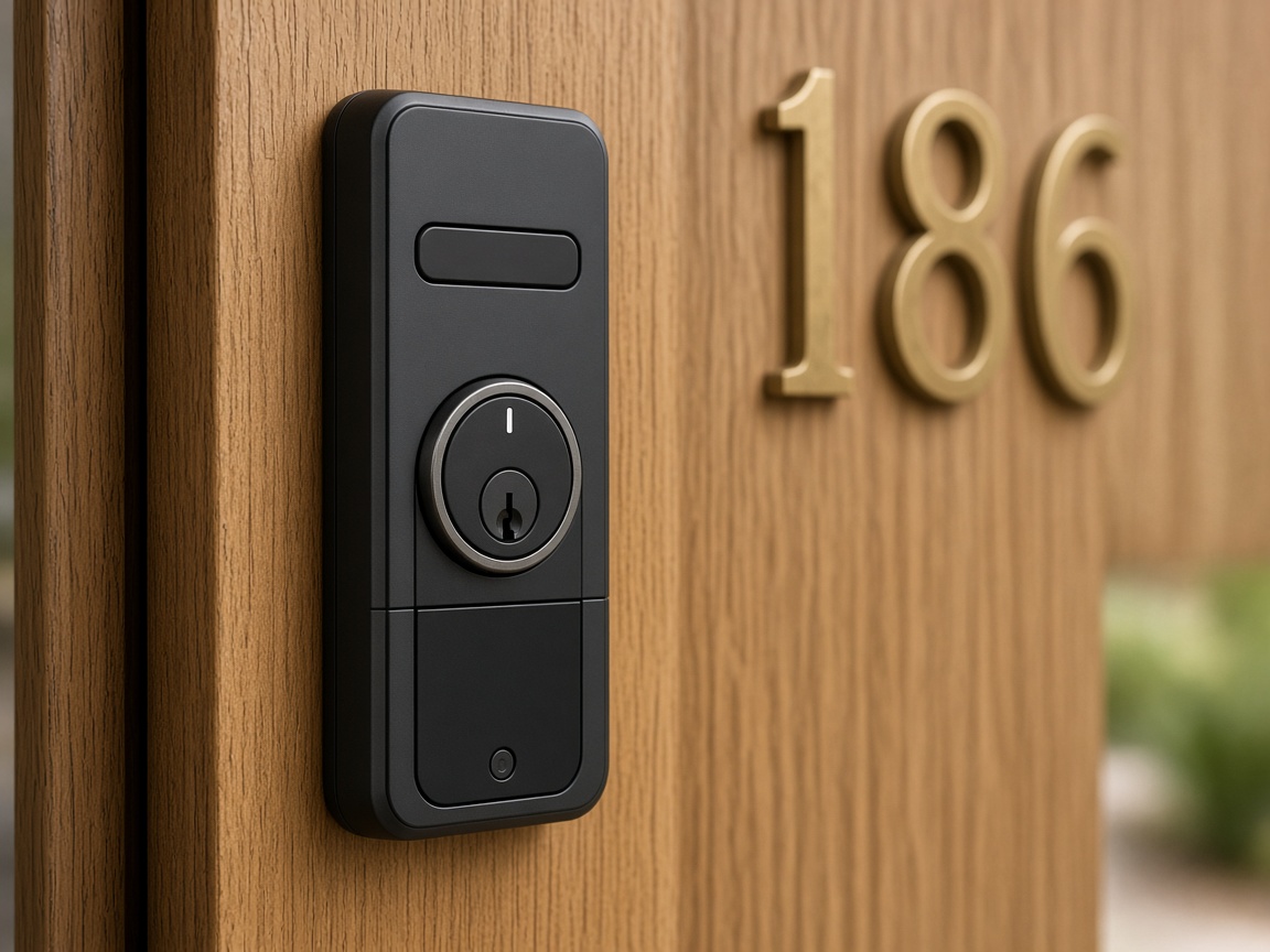 A smart deadbolt on a wooden door
